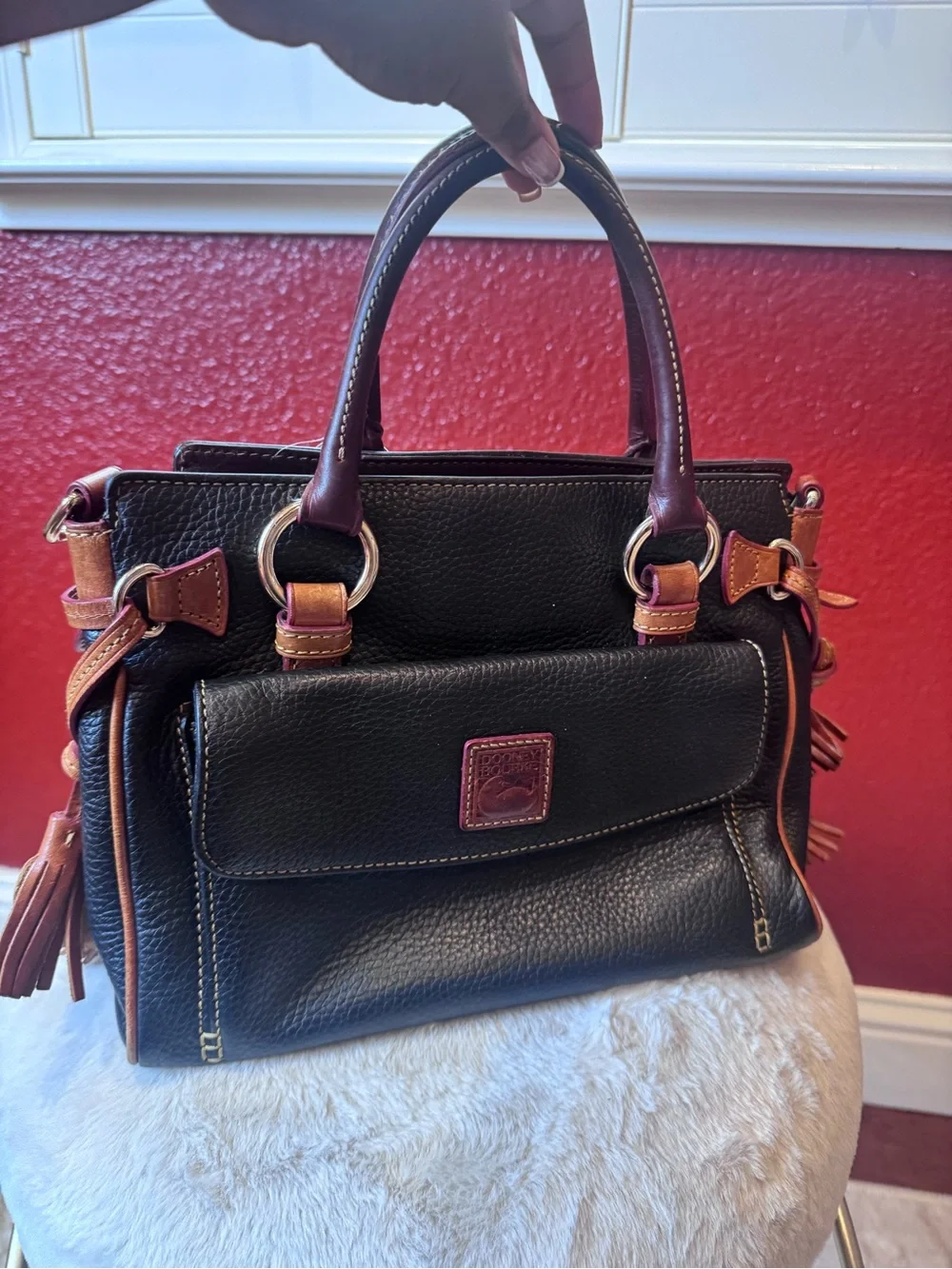 Dooney & Bourke Inspired Black Leather Satchel with Contrast Trim